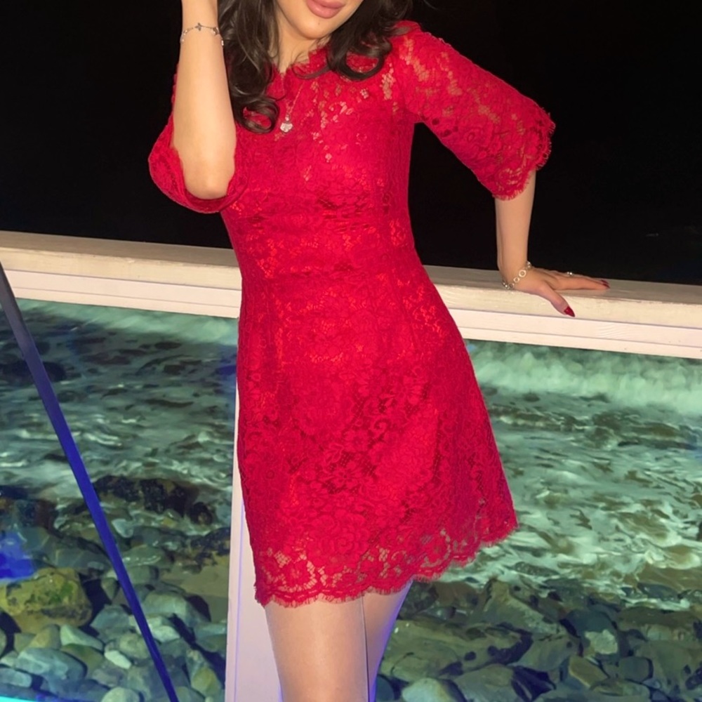 DOLCE & GABBANA Dress Scarlet Red Floral Lace Motif Mini 36size in Europe size.
